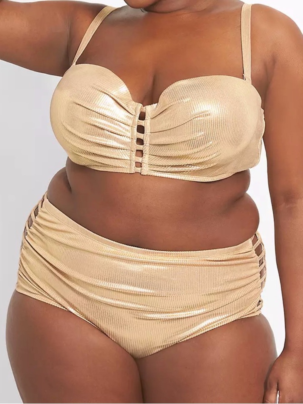 Cacique Underwire Ribbed Gold Strappy Swim Bikini Size 44C Top 18 Bottom